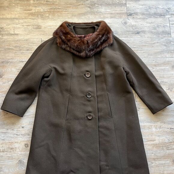 Vintage Trench Coat Women's Large Mink Fur Neck Brown Green 1950s Winter Button - Picture 3 of 14